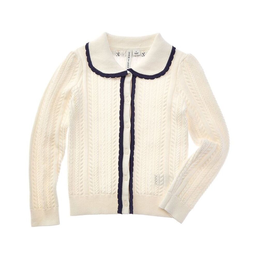 Janie And Jack Girls Pointelle Scalloped Trim Cardigan, White